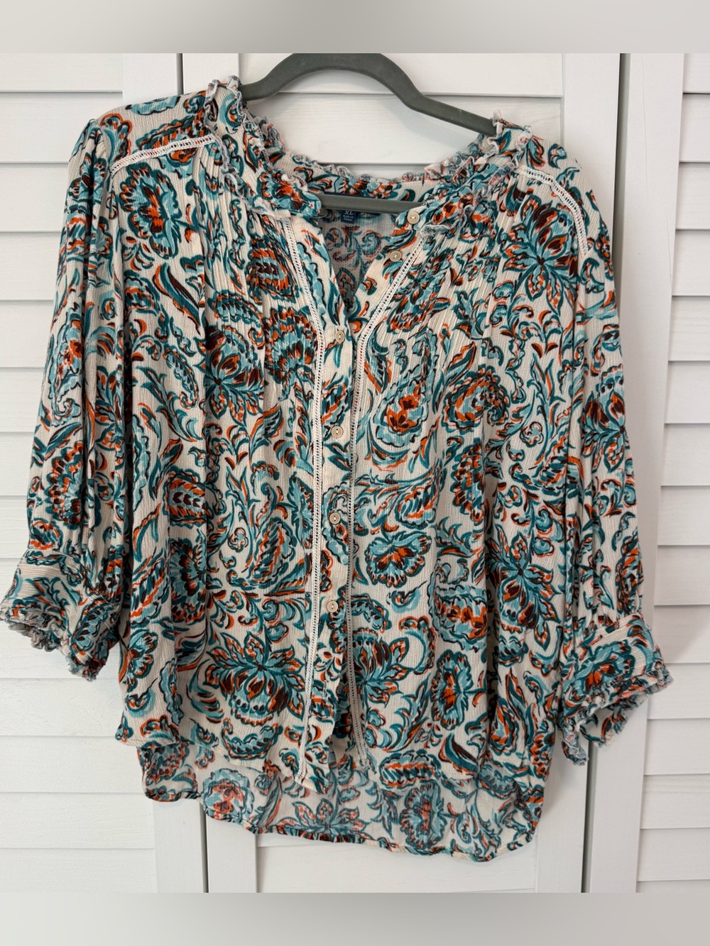 Democracy Boho Floral Peasant Top - Cream Teal Orange Flowy Fall Bohemian